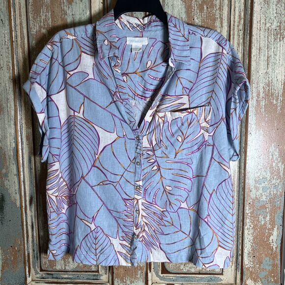 Cynthia Rowley Linen Blue Tropical Leaf Shirt Size L - Picture 1 of 9
